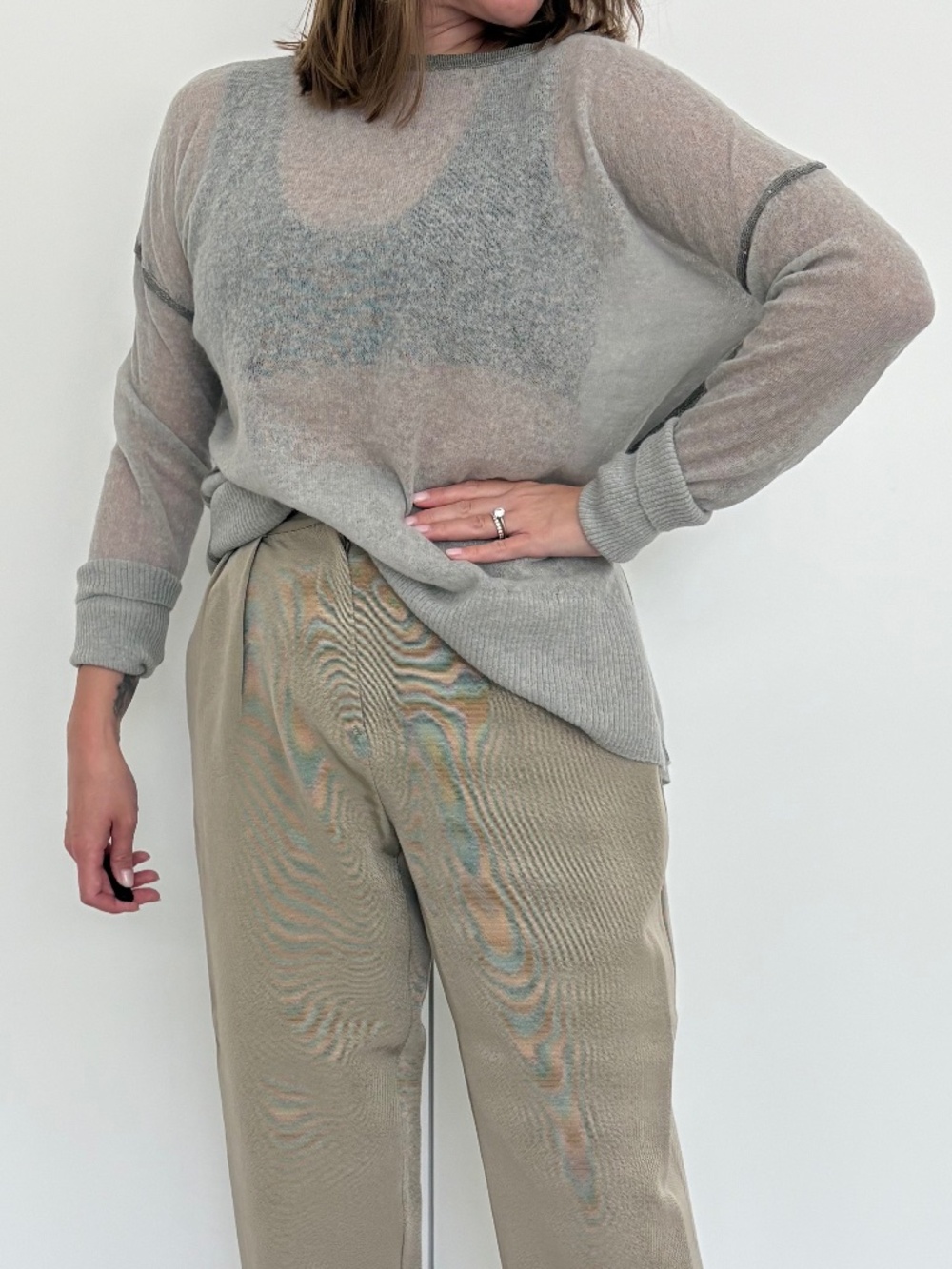 Lafayette 148 Sheer Lightweight Knit Sweater + Sequins Gray S